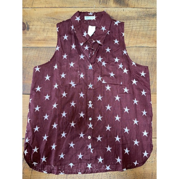 NWT Womens Just Living 100% Linen Dark Red/Brown‎ Star Tank Button Up L - Picture 3 of 8
